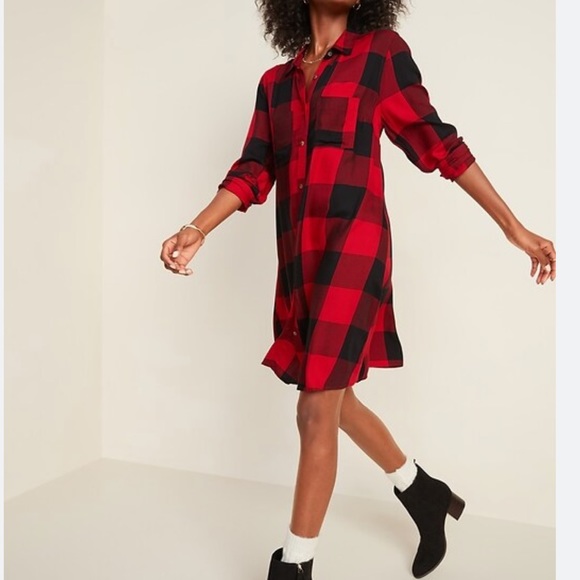 NWT Old Navy Plaid Swing Shirt Dress - Picture 1 of 8